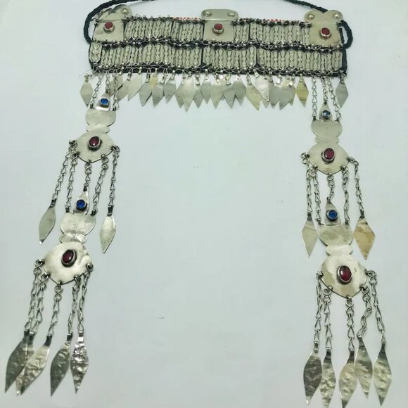 Vintage Turkmen Tribal Kuchi Matha Patti, Ethnic Head Piece With Long Dangling